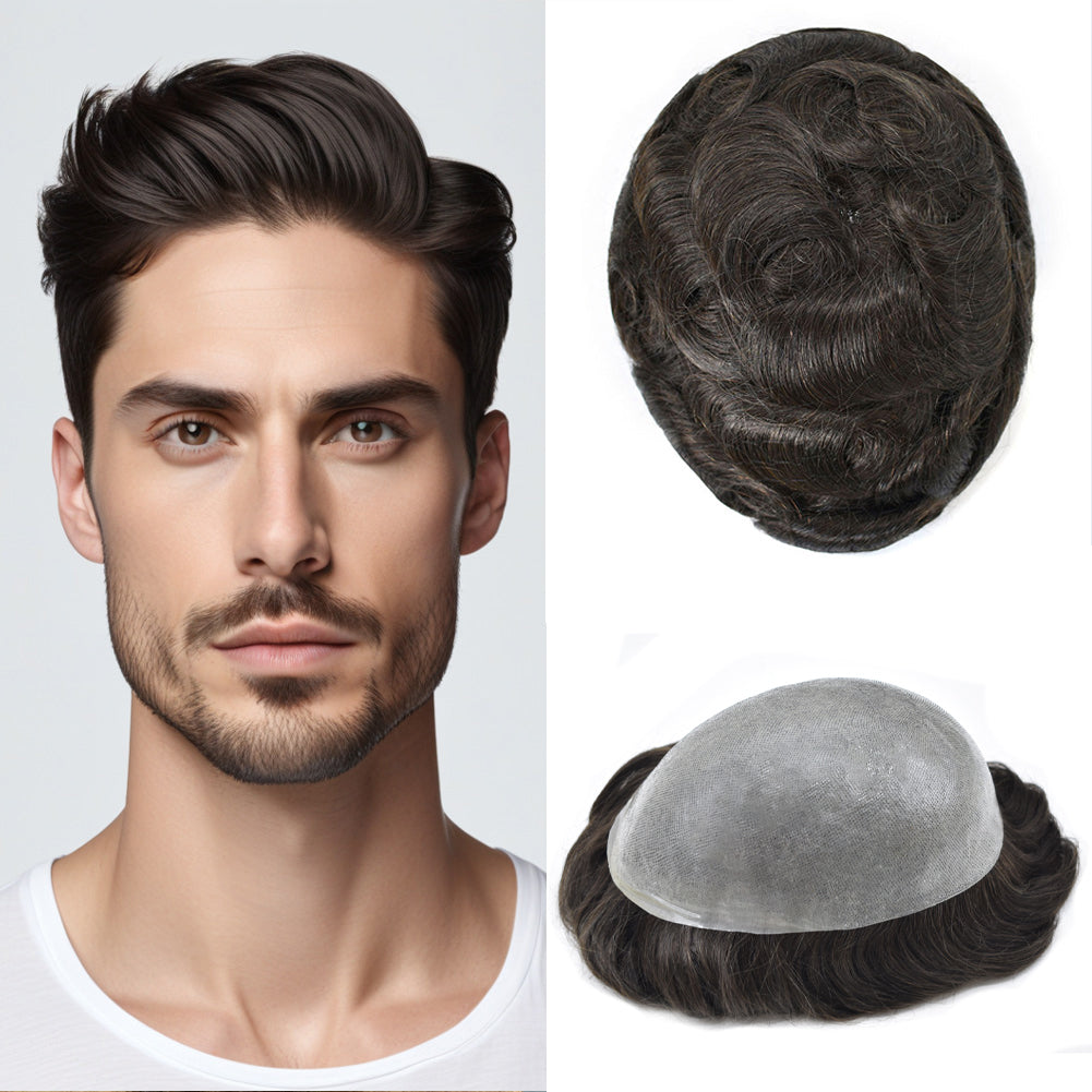 0.08mm Thickness Durable&Natural Thin Skin Hair System For Men V-Looped Knots Mens Hairpieces Natural Hairline Toupee for Men