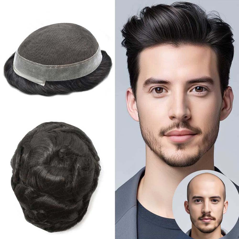HAIR Human Hairpiece French Lace Mens Toupee Poly Skin Around Mens Hair System