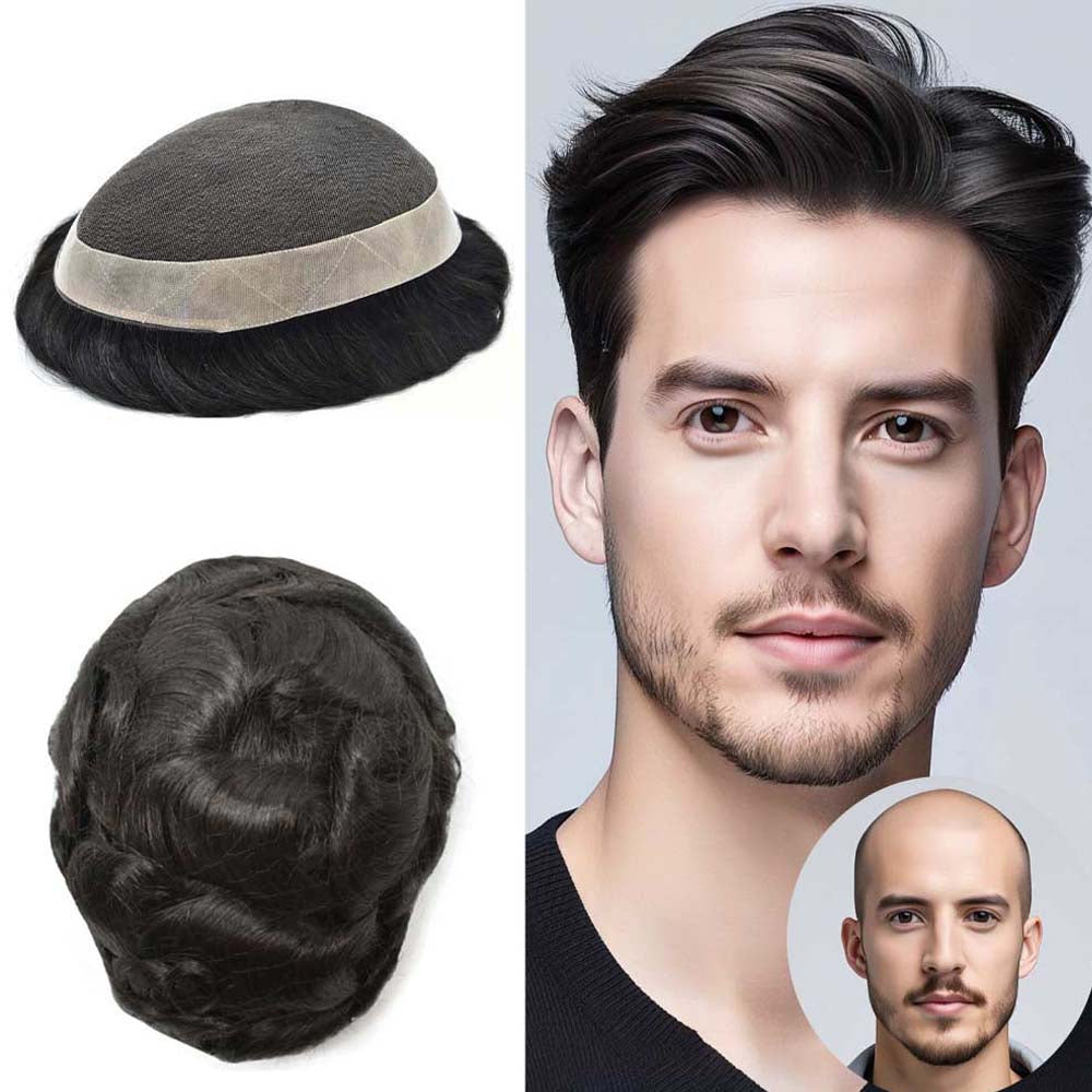 Mens Toupee Hair System French Lace PU Coated Mens Hairpiece Center Lace Human Toupee for Men