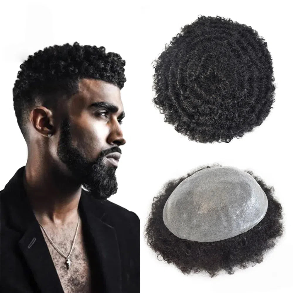INVISIHAIR Hair Units for Black Men Thin Skin African American Men Full Poly Afro Curly Wave Mens Hairpieces