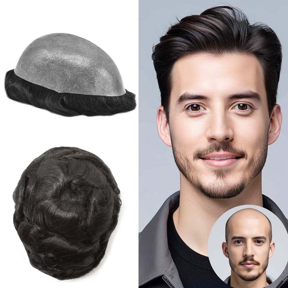 0.10mm Thickness Durable Skin Hair System For Men 100% Hand Tied Woven Toupee for Men