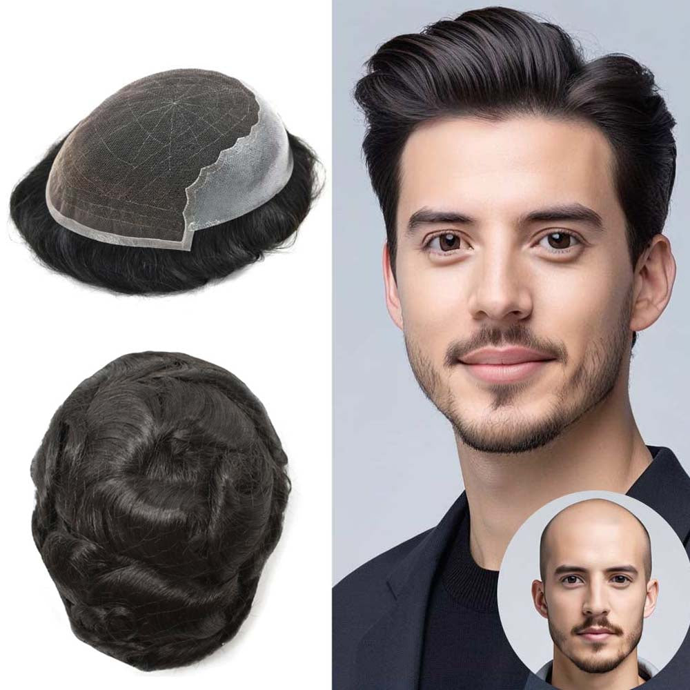 INVISIHAIR French Lace With PU Hair System For Men Natural Hairline Bleached Knots Toupee for Men