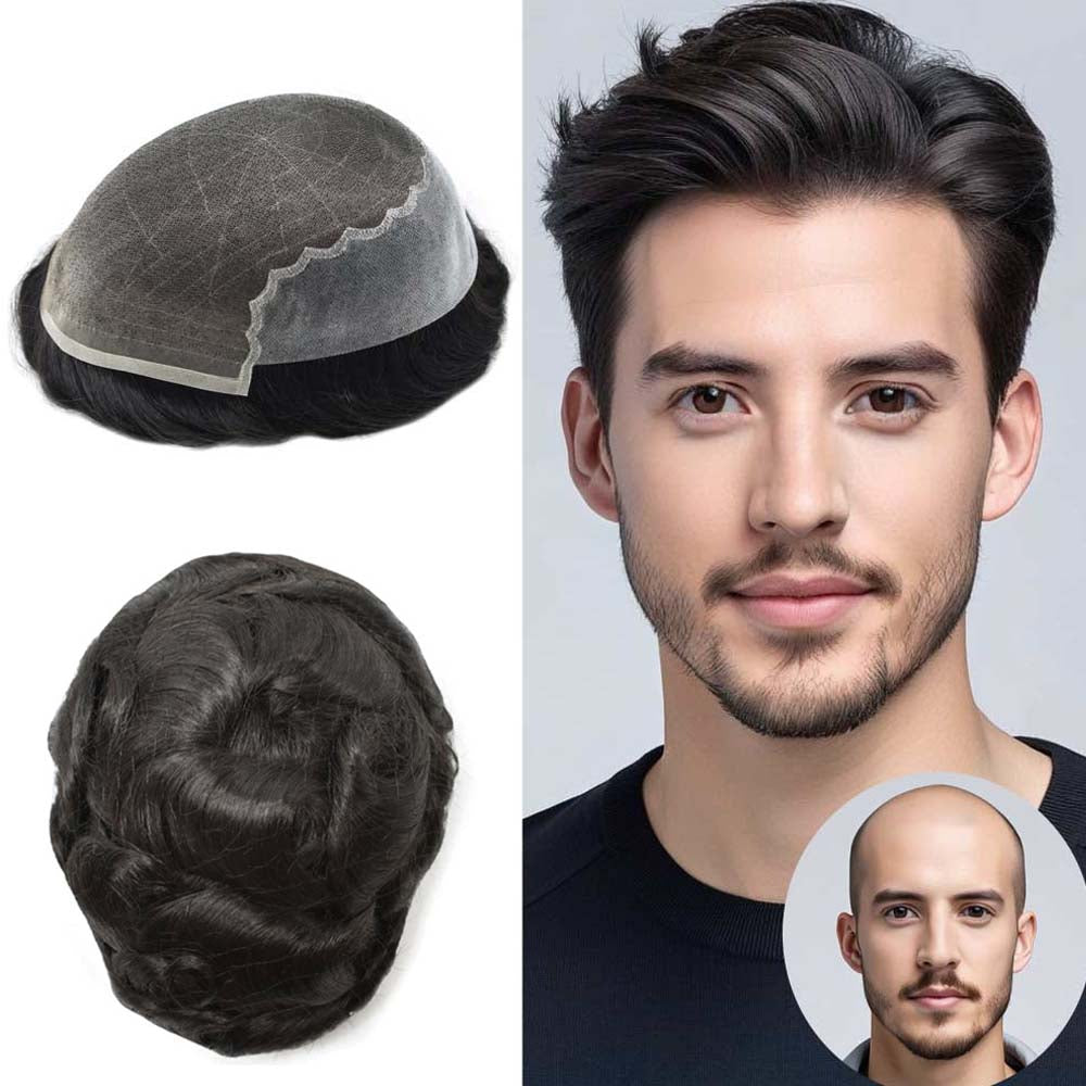 System For Men Super Fine Welded Monofilament Lace wIith Poly Natural Hairline Bleached  Knots Toupee for Men