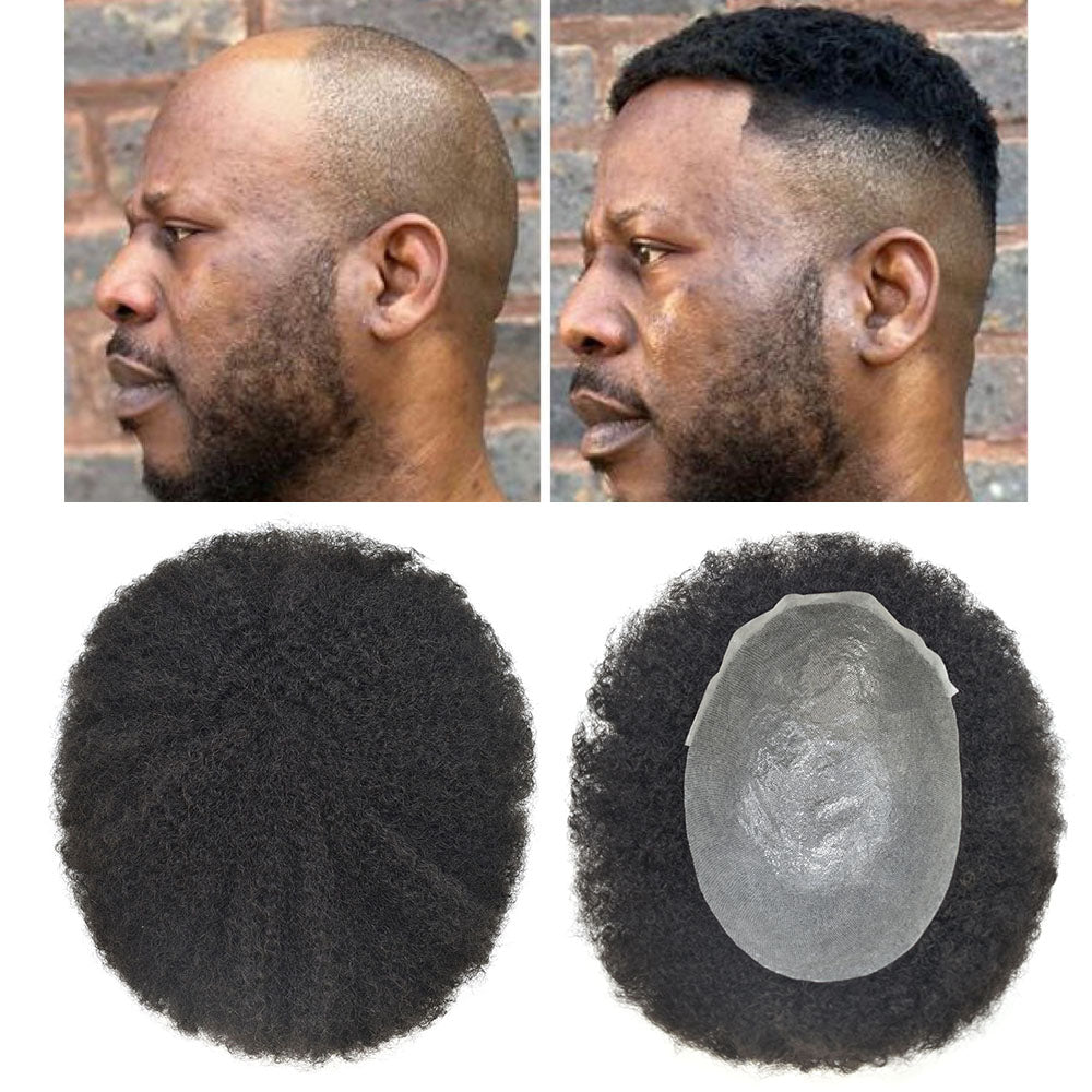 Kinky Curly Afro Mens Toupee 0.03-0.06mm Thickness PU  Hair Unit For Black Men