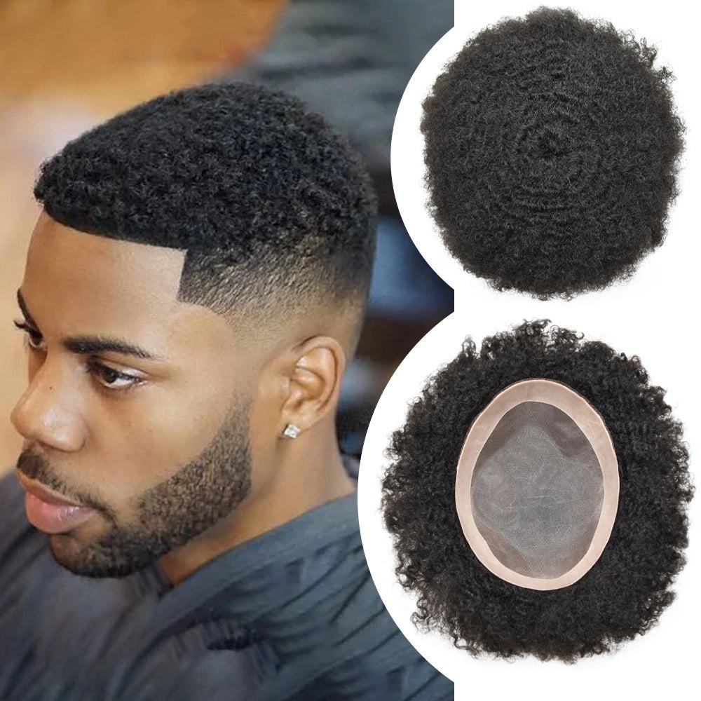 Afro Toupee For Black Men Fine Monofilament Men Wave Hair Unit Poly Coated Kinky Curly Hairpiece