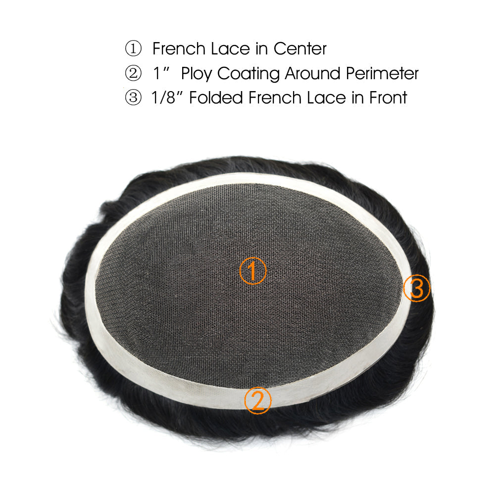 Mens Toupee Hair System French Lace PU Coated Mens Hairpiece Center Lace Human Toupee for Men