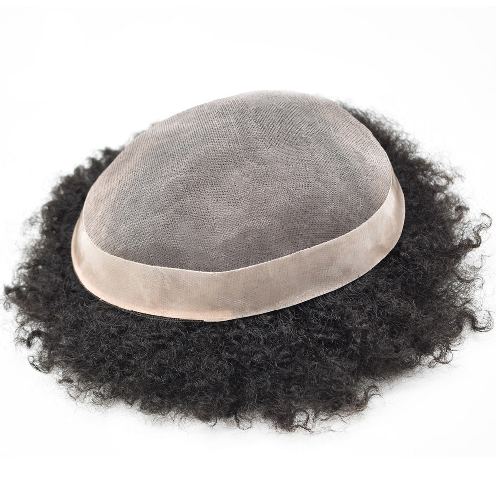 Afro Toupee For Black Men Fine Monofilament Men Wave Hair Unit Poly Coated Kinky Curly Hairpiece