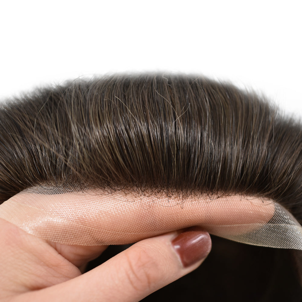 System For Men Super Fine Welded Monofilament Lace wIith Poly Natural Hairline Bleached  Knots Toupee for Men