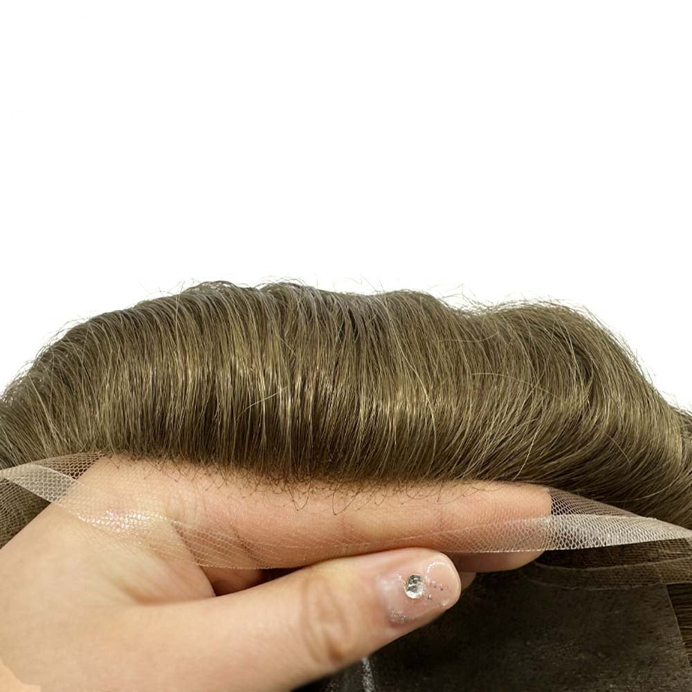 Mens Toupee Lace Front Skin Hair System for Men 0.06mm Thin Skin Undetectable V-looped Mens Hairpieces