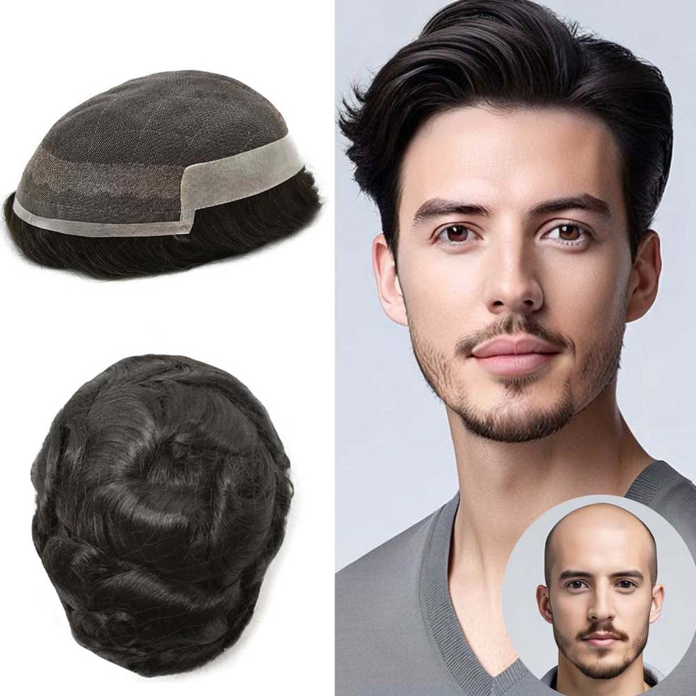 French Lace With Poly Coated Hair System For Men Natural Hairline Bleached  Knots Toupee for Men