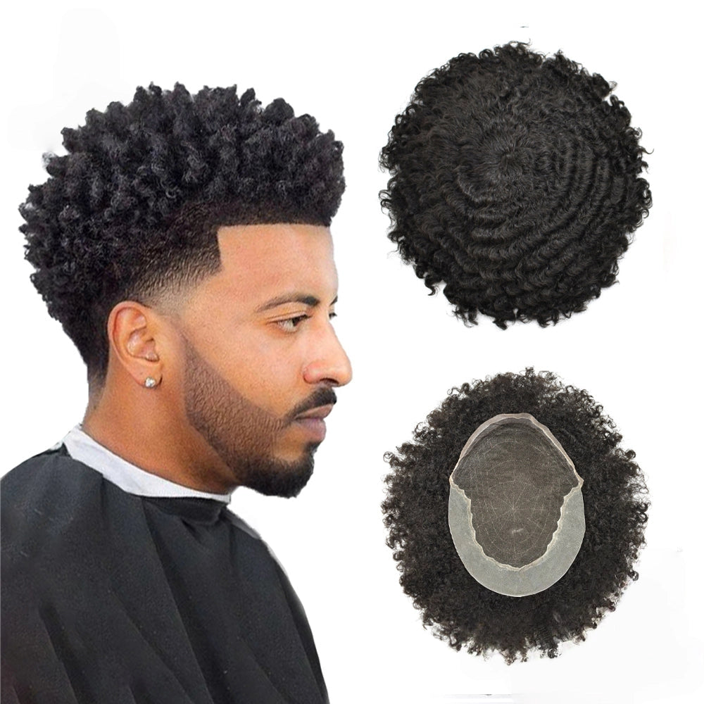 Afro Curly French Lace Front Hairpiece for Black Men Weave Hair Unit