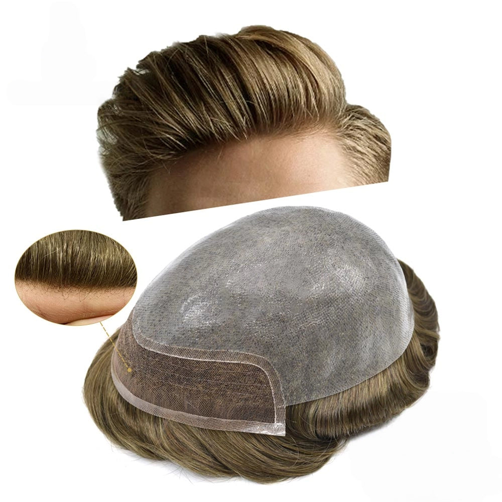 Mens Toupee Lace Front Skin Hair System for Men 0.06mm Thin Skin Undetectable V-looped Mens Hairpieces