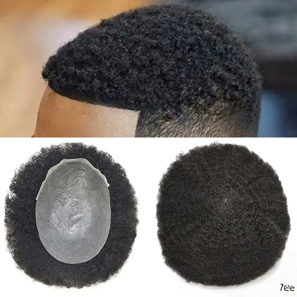 Kinky Curly Afro Mens Toupee 0.03-0.06mm Thickness PU  Hair Unit For Black Men