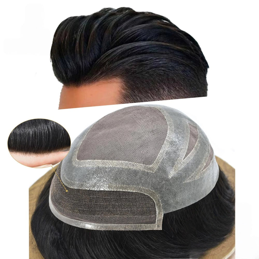Fine Mono Poly Skin Mens Hair Pieces French Lace Front Men Toupee Hair Replacement System for Men