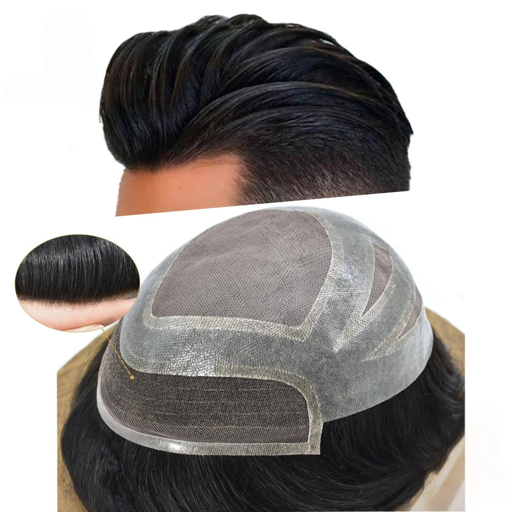 Fine Mono Mens Hair Pieces French Lace Front Men Toupee Poly Skin Hair Replacement System for Men
