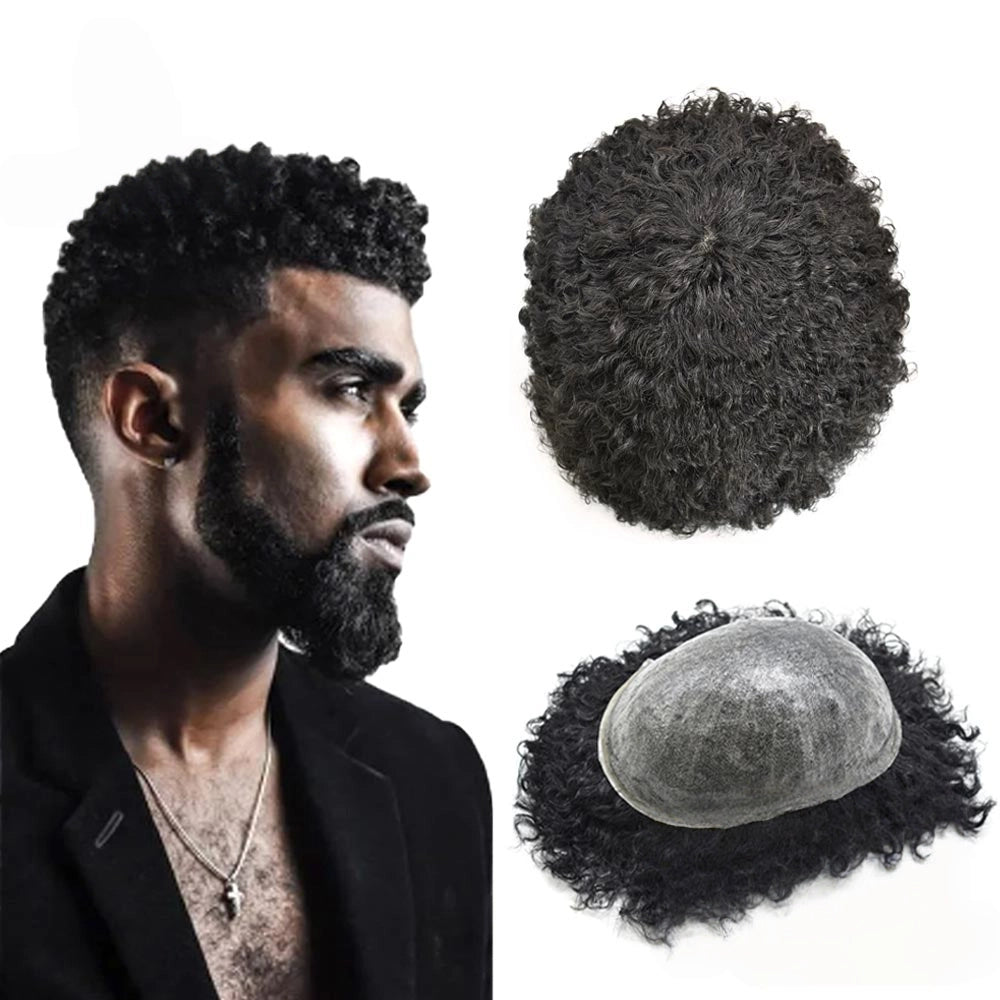 Afro Toupee for Black Men Full PU Curly Hair Unit For American African Men