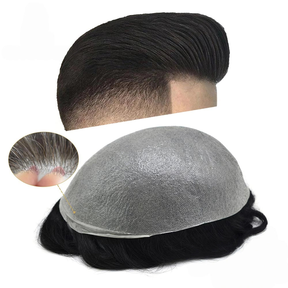 Mens Toupee 0.06mm Ultra Thin Skin Hair Replacement System for Men V-Looped Knots Mens Hairpieces Natural Hairline Toupee for Men